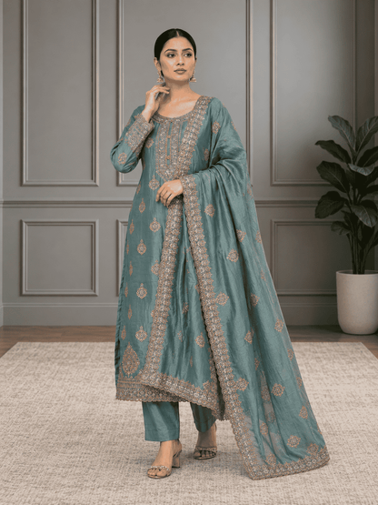 Semi-Stitched Soft Organza-Silk In Pistachio Green With A Gentle Luminous Sheen Suit Material