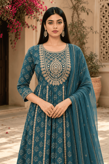 Teal Floral Cotton Kurta Set With Printed Straight Trousers With Dupatta