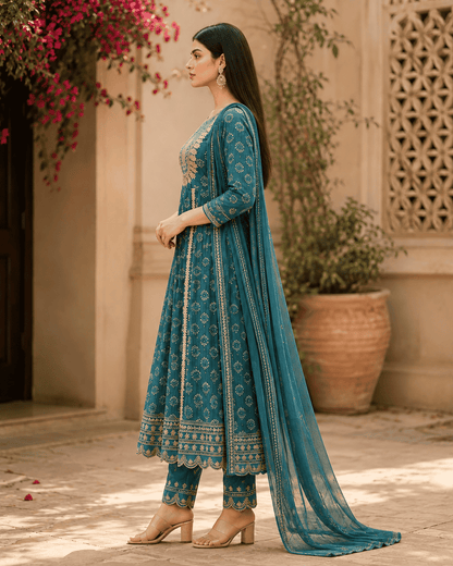 Teal Floral Cotton Kurta Set With Printed Straight Trousers With Dupatta