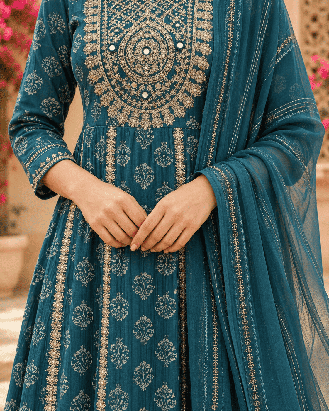 Teal Floral Cotton Kurta Set With Printed Straight Trousers With Dupatta