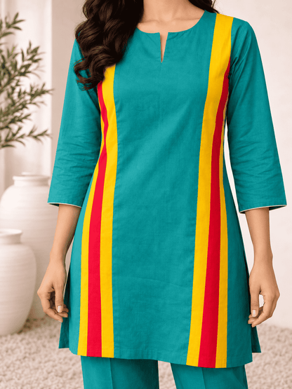 Teal Green with Yellow Pink Striped Panels linen Kurta Pant Set