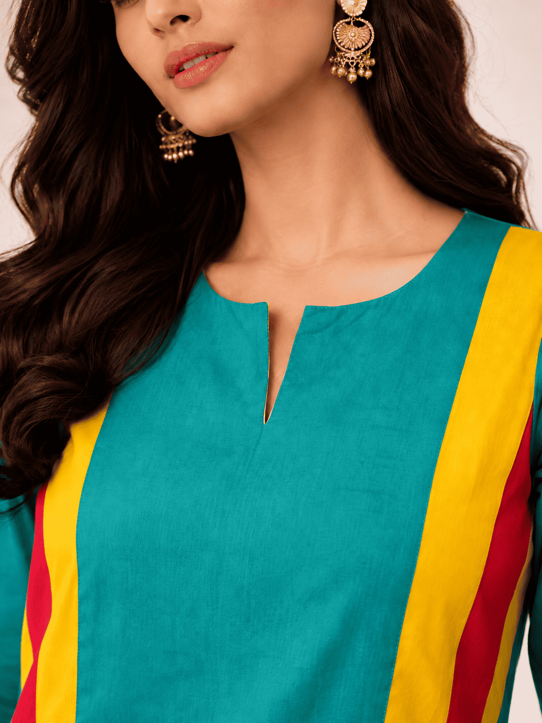 Teal Green with Yellow Pink Striped Panels linen Kurta Pant Set