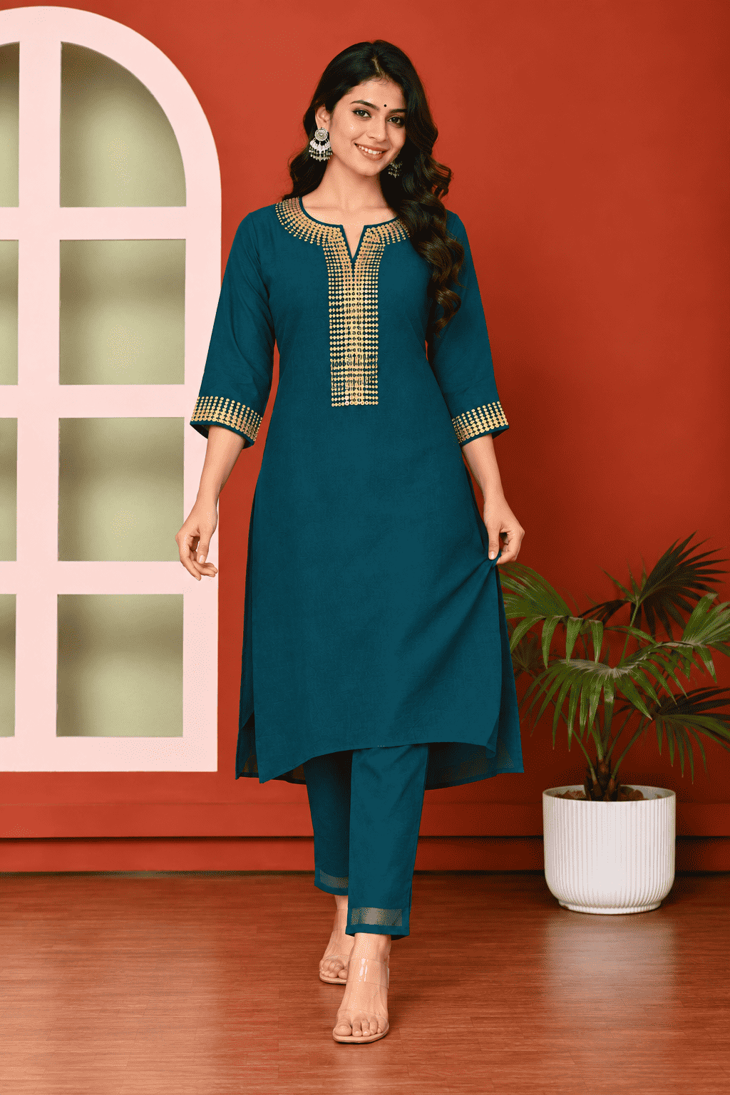Dark Green Silk Blend Embroidered Kurta Pant Set