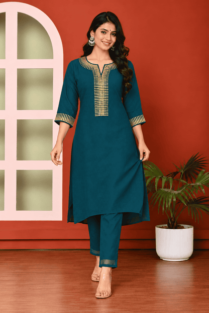 Dark Green Silk Blend Embroidered Kurta Pant Set