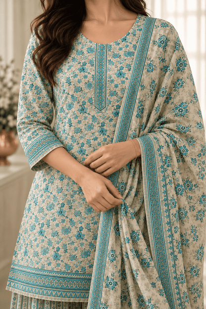 Beige cotton teal floral printed kurta pant set with dupatta