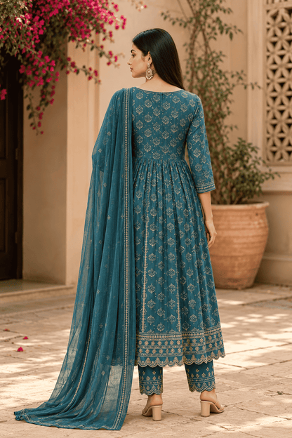 Teal Floral Cotton Kurta Set With Printed Straight Trousers With Dupatta