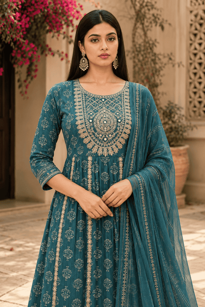 Teal Floral Cotton Kurta Set With Printed Straight Trousers With Dupatta