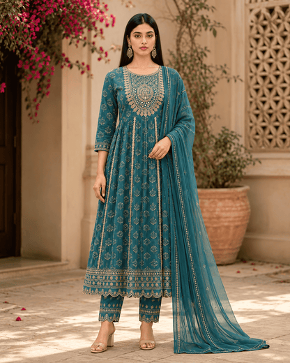 Teal Floral Cotton Kurta Set With Printed Straight Trousers With Dupatta