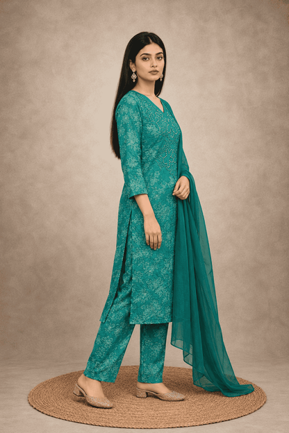 Teal green cotton kurta pant set with lightweight chiffon dupatta