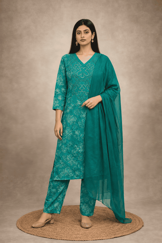 Teal green cotton kurta pant set with lightweight chiffon dupatta