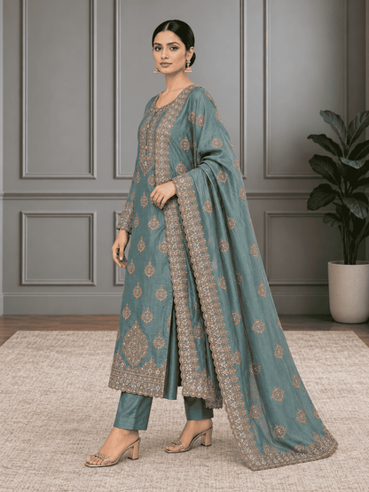 Semi-Stitched Soft Organza-Silk In Pistachio Green With A Gentle Luminous Sheen Suit Material