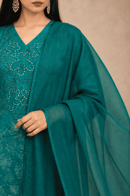 Teal green cotton kurta pant set with lightweight chiffon dupatta