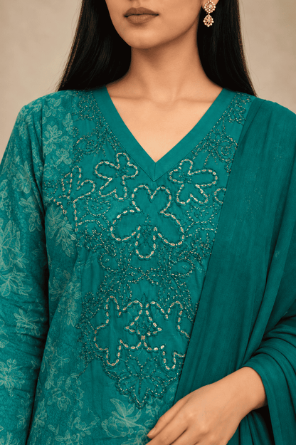 Teal green cotton kurta pant set with lightweight chiffon dupatta