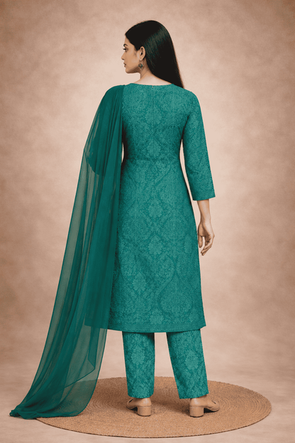 Teal green cotton kurta pant set with lightweight chiffon dupatta