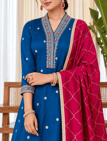 Teal Silk Blend Embroidered Kurta Pant and Dupatta Set