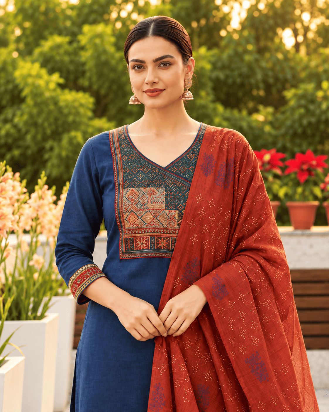 Navy Blue Cotton Katha Kurta With Applique Yoke And Trousers Paired With Bagru Print Dupatta
