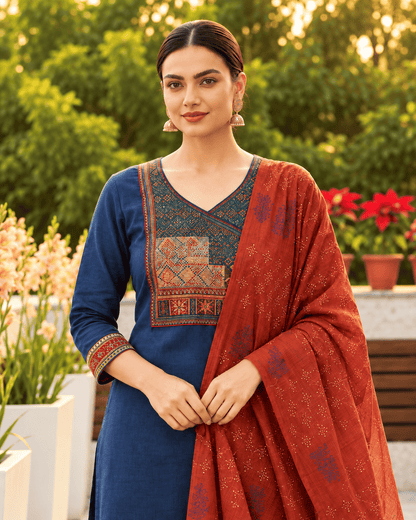 Navy Blue Cotton Katha Kurta With Applique Yoke And Trousers Paired With Bagru Print Dupatta