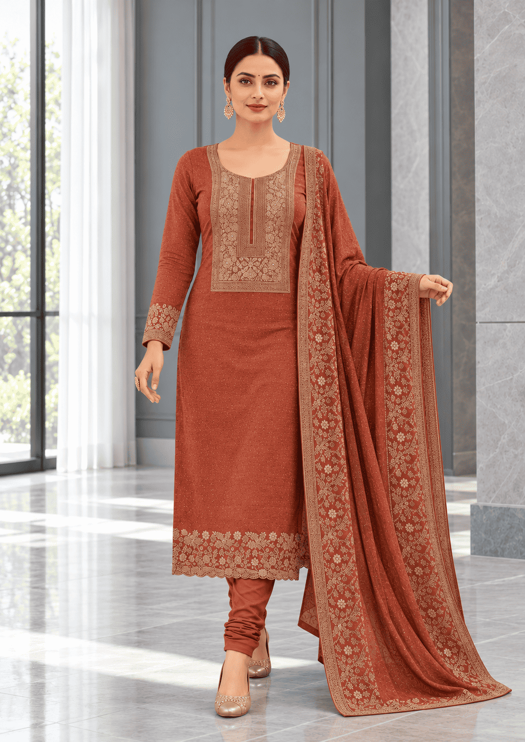 Semi-Stitched Deep Wine-Red Muslin Silk Suit Embellished With Scattered Rhinestone Butti And Intricate Golden Zari Embroidery