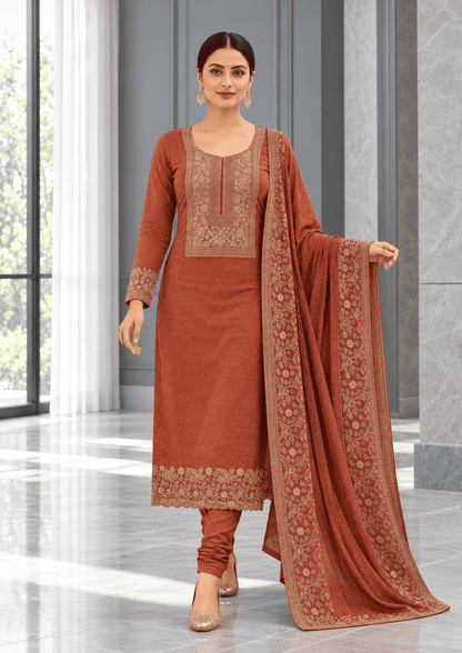 Semi-Stitched Deep Wine-Red Muslin Silk Suit Embellished With Scattered Rhinestone Butti And Intricate Golden Zari Embroidery