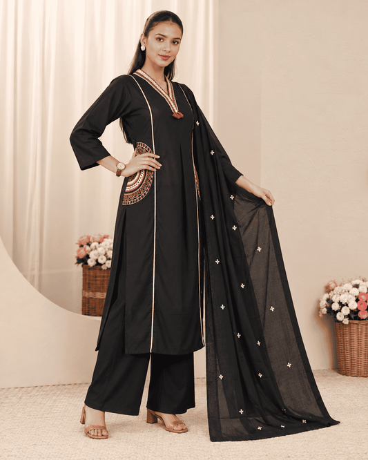 Black Embroidered Cotton Kurta and Pant with Dupatta