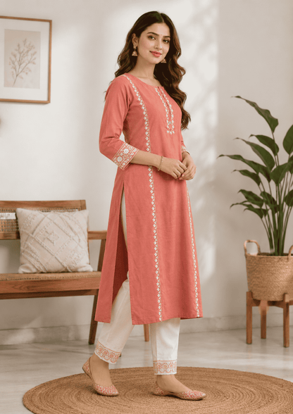 Peach cotton aari embroidered kurta with white cotton pant set