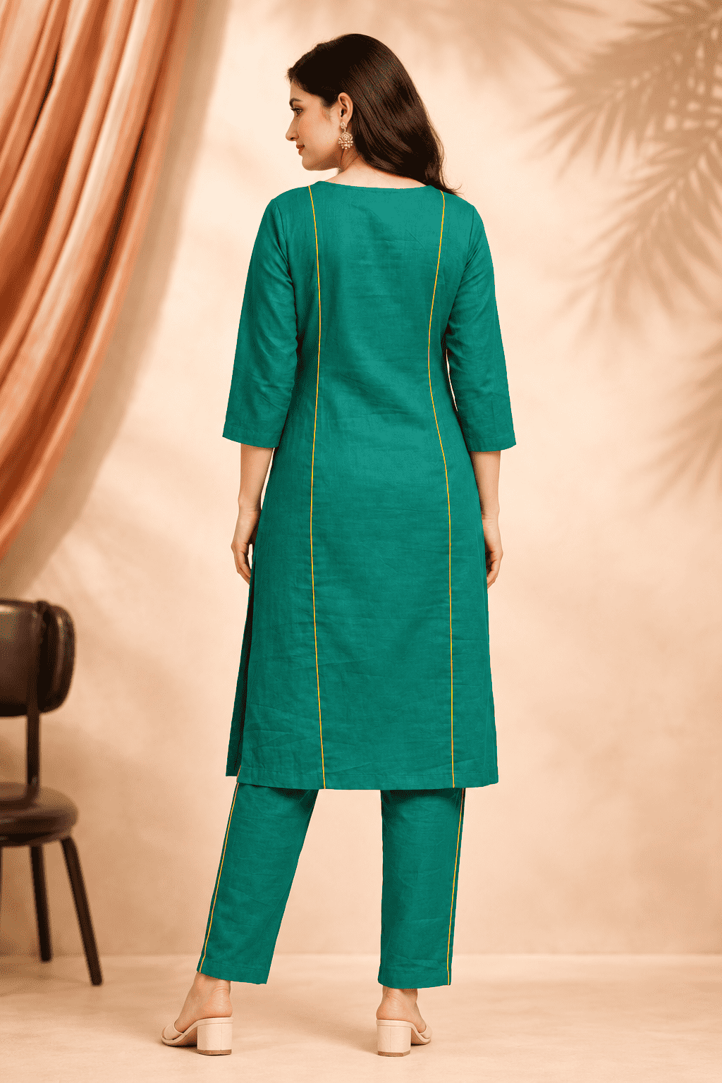 Emerald green vibrant multicolour panel design linen kurta pant set