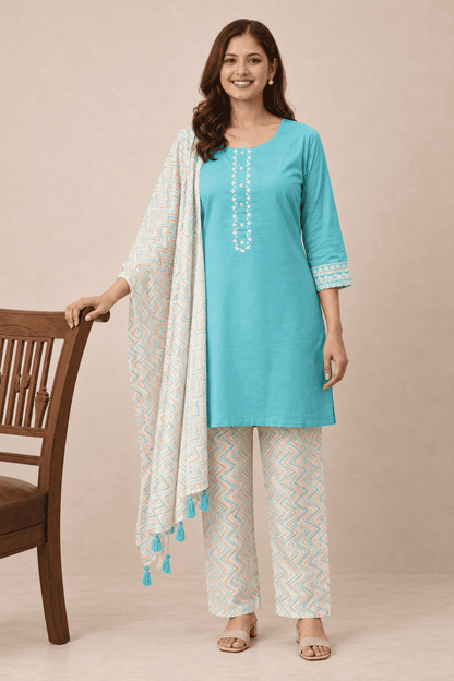 Sea green cotton kurta set with printed dupatta