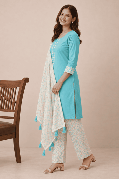 Sea green cotton kurta set with printed dupatta