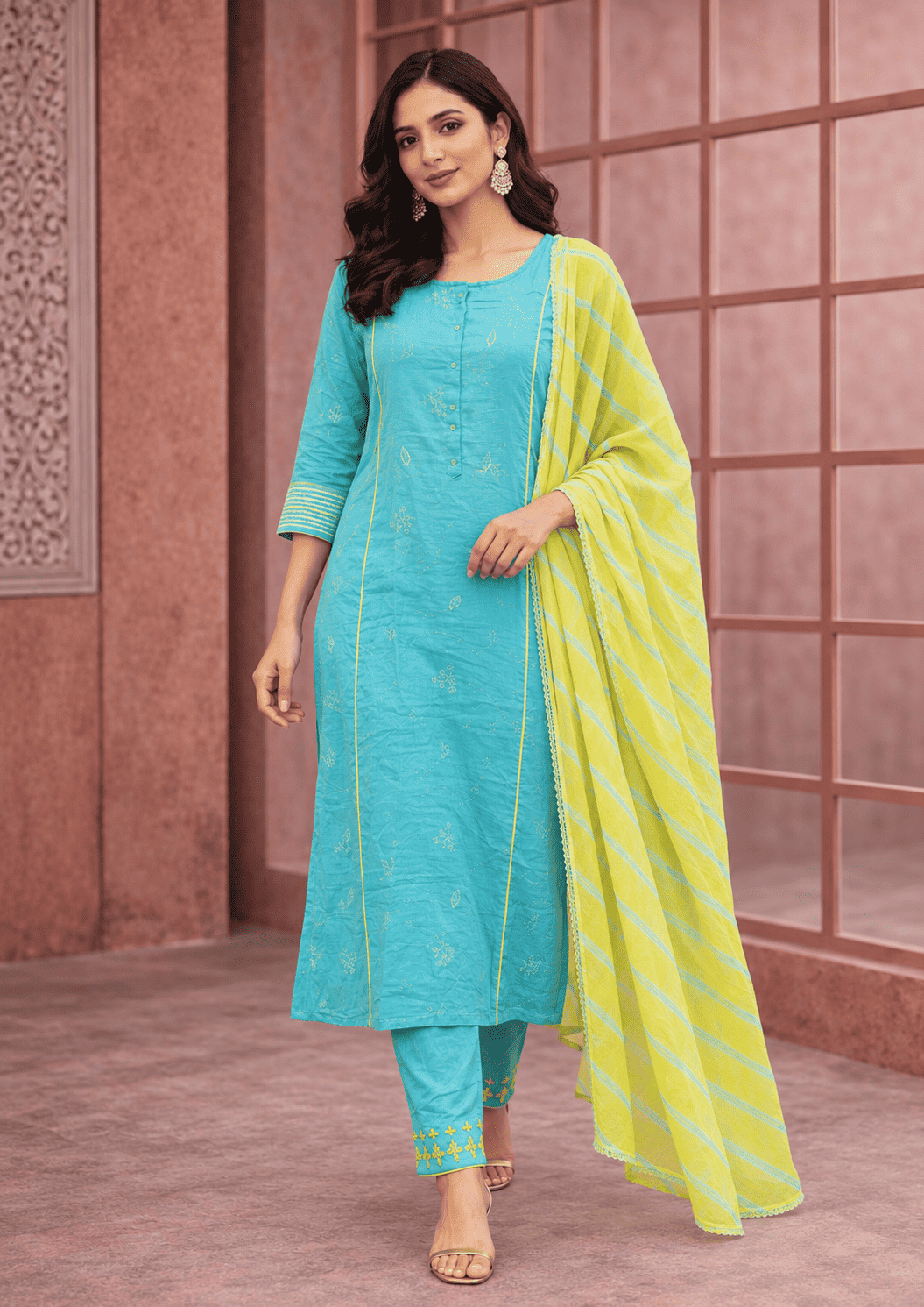 Turquoise cotton embroidered kurta pant set with yellow dupatta
