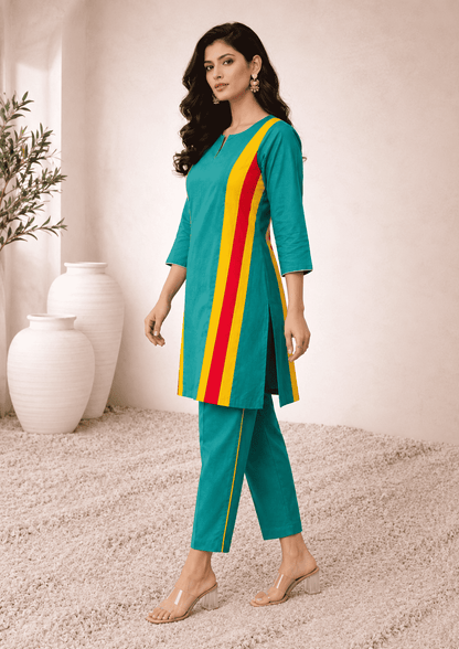Teal Green with Yellow Pink Striped Panels linen Kurta Pant Set