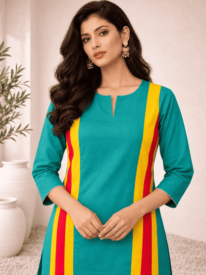 Teal Green with Yellow Pink Striped Panels linen Kurta Pant Set