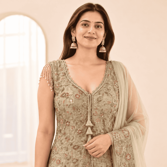Champagne Gold Embroidered Shimmer Silk Front Slit Peplum Kurta Sharara and Dupatta Set