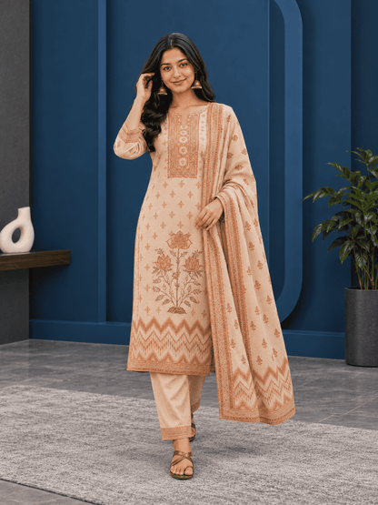 Unstitched brown printed cotton suit with dupatta