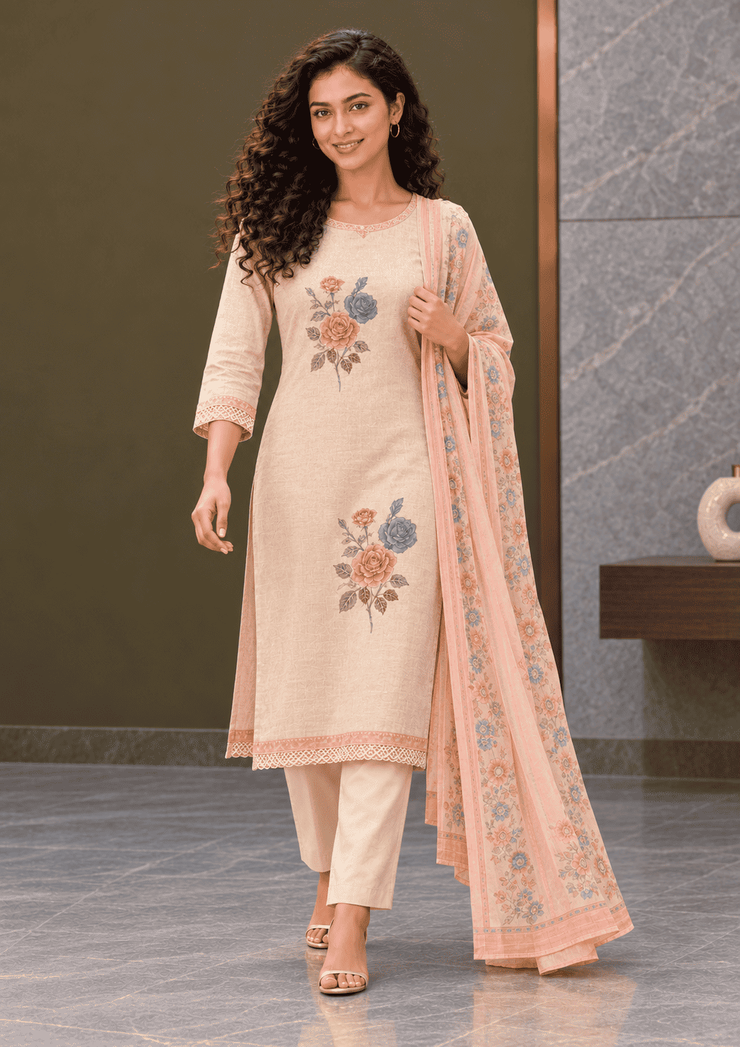 Unstitched cream cotton floral printed suit set with dupatta