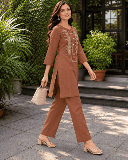 Cocoa Brown Embroidered Rayon Kurta Pant Set