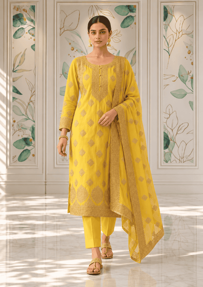 Semi-Stitched Fresh Lime-Yellow Ornate Golden Zari And Sequin Work Tissue Silk Suit With Dupatta