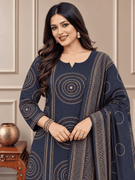 Navy Blue Printed Cotton Kurta and pant with dupatta
