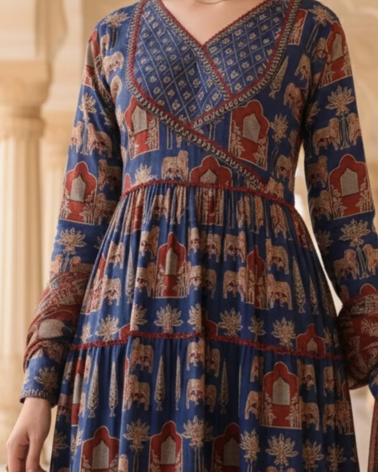 Indigo Blue & Rust Red Anarkali Ajrakh Cotton Kurta Set Paired With Dupatta