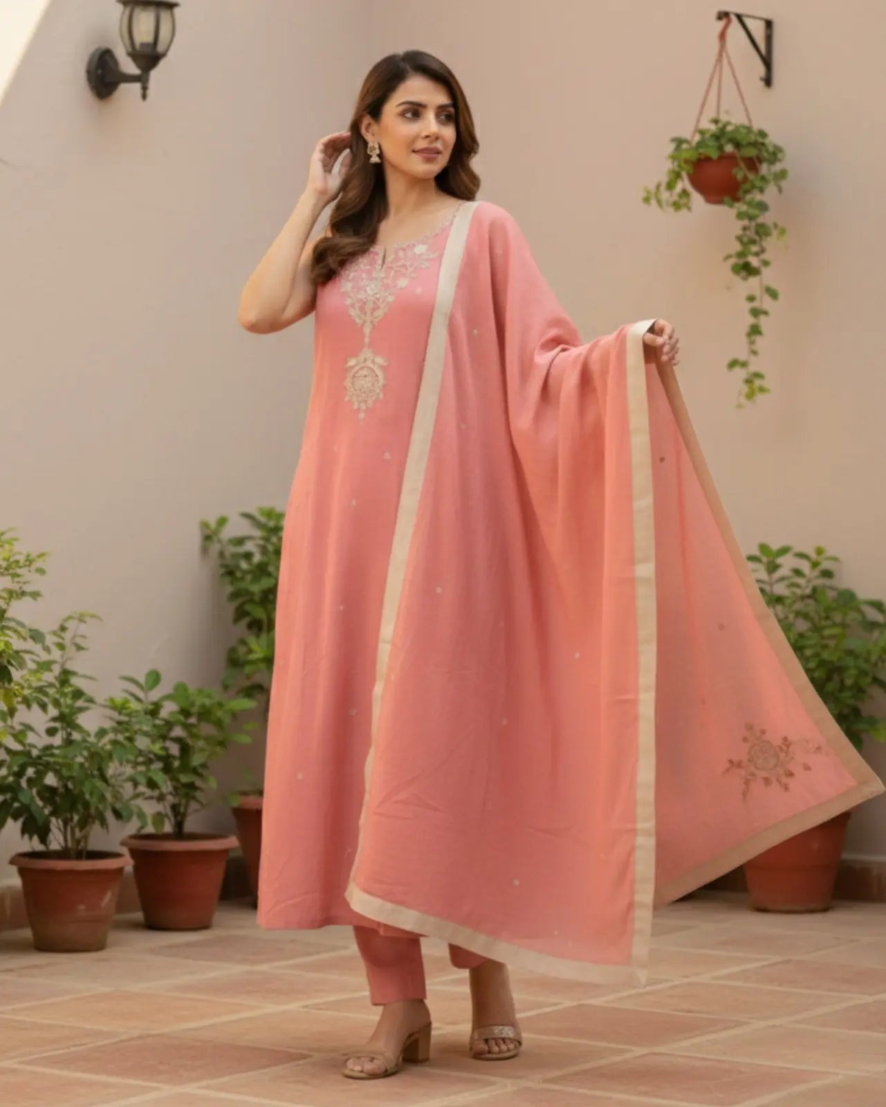 Dusty Pink Cotton Mix Embroidered  Kurta Set With Dupatta