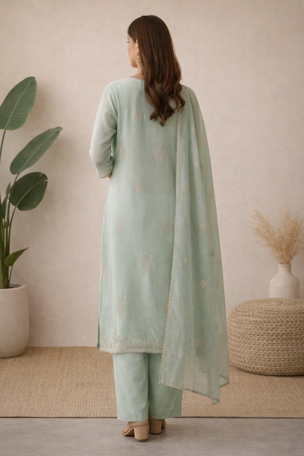 aqua green cotton mix kurta set with dupatta