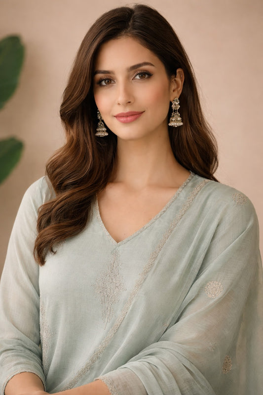 aqua green cotton mix kurta set with dupatta
