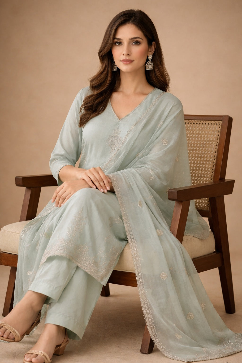 aqua green cotton mix kurta set with dupatta