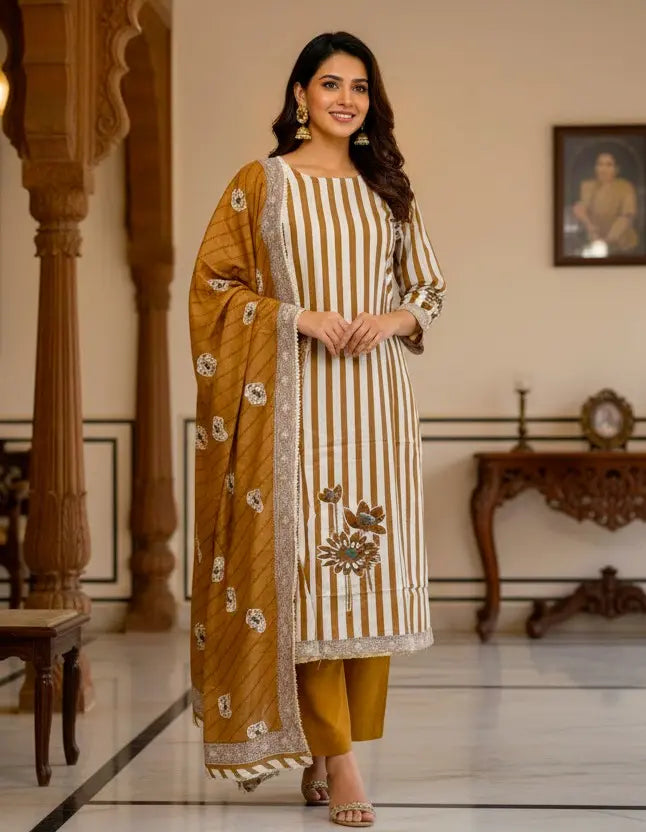 Brown Striped Floral Printed Rayon Kurta Set With Dupatta