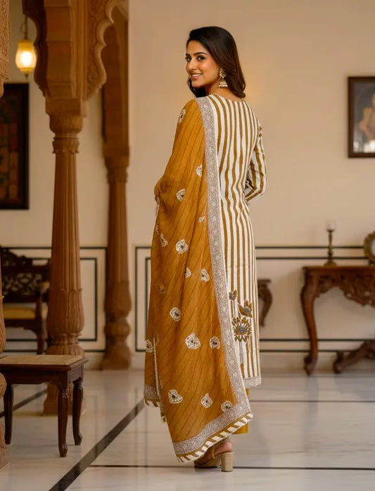 Brown Striped Floral Printed Rayon Kurta Set With Dupatta