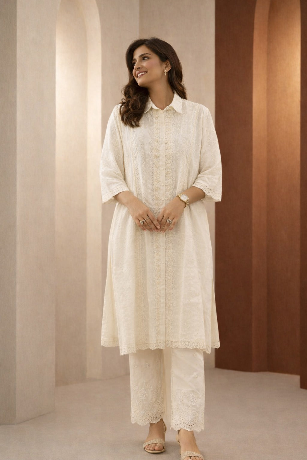 Ivory collar neck schiffli Kurta Pant Set