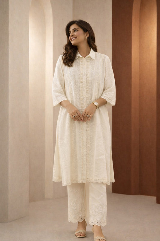 Ivory collar neck schiffli Kurta Pant Set