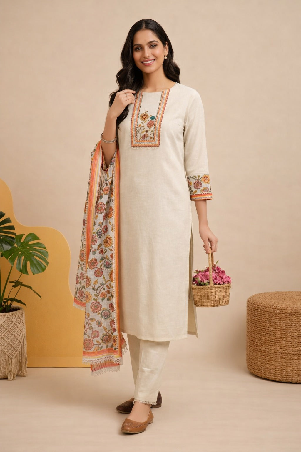 Unstitched cotton cream floral printed suit set with dupatta