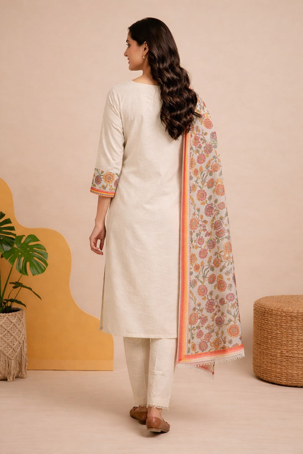 Unstitched cotton cream floral printed suit set with dupatta
