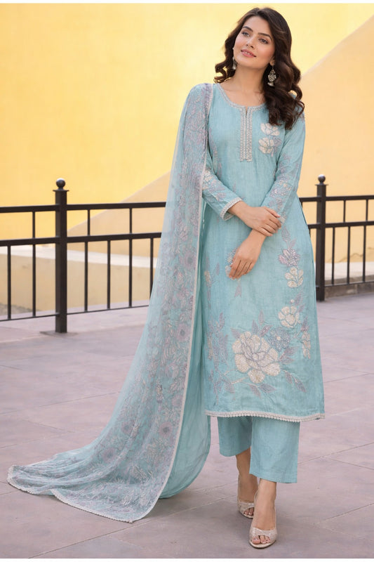 Unstitched Aqua Green Embroidered Cotton Slub Suit Set With Dupatta