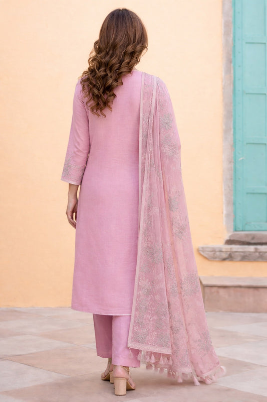 Unstitched pink embroidered cotton slub suit set with dupatta